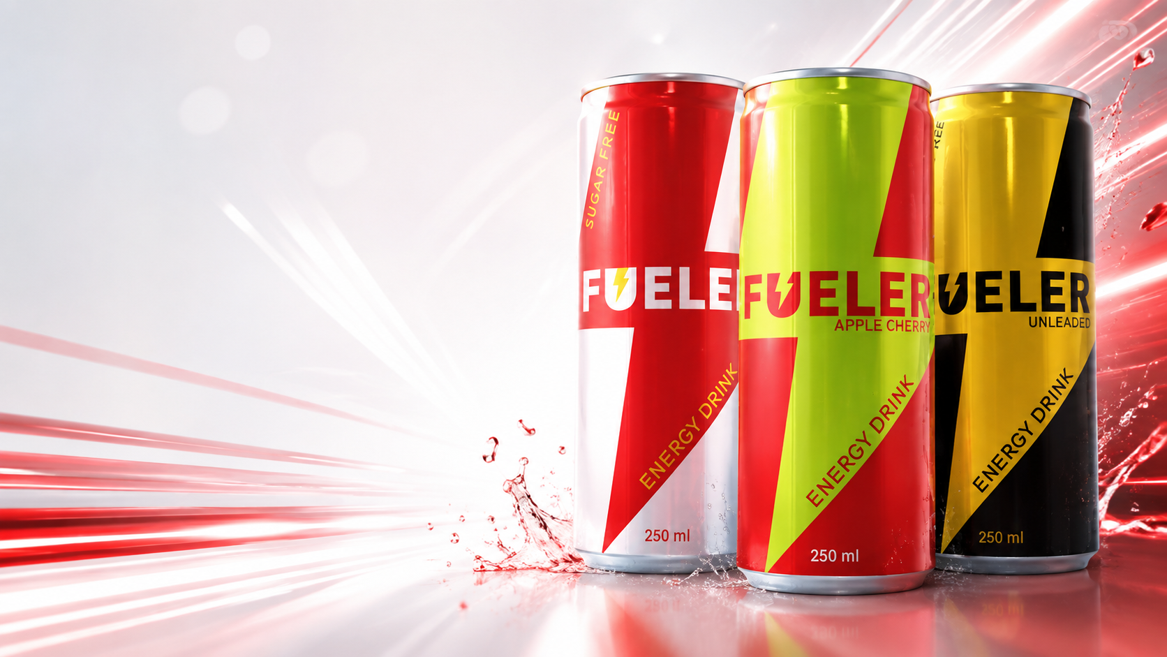 Fueler Energy Drink range in red, apple cherry and unleashed varieties